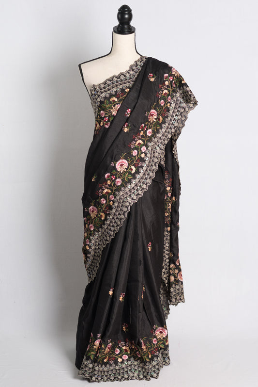 Machine Embroidery Semi Tussar Designer Saree in Black image 0