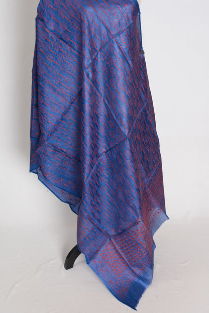 Bengal Kantha Stitch Red Threadwork Blue Tussar Silk Dupatta & Shawl | Mita image 2