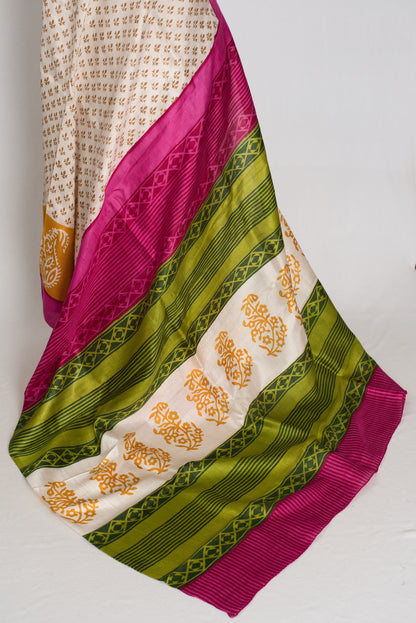 Basanti : Off-White, Pink and Yellow Hand Block Printed Murshidabad Silk Saree image 6