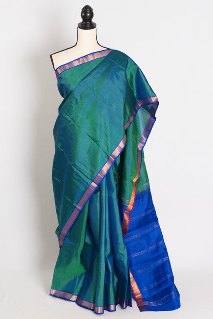 Rini: Peacock Green and Blue Kanjivaram Silk Saree with Small Gold Border image 0
