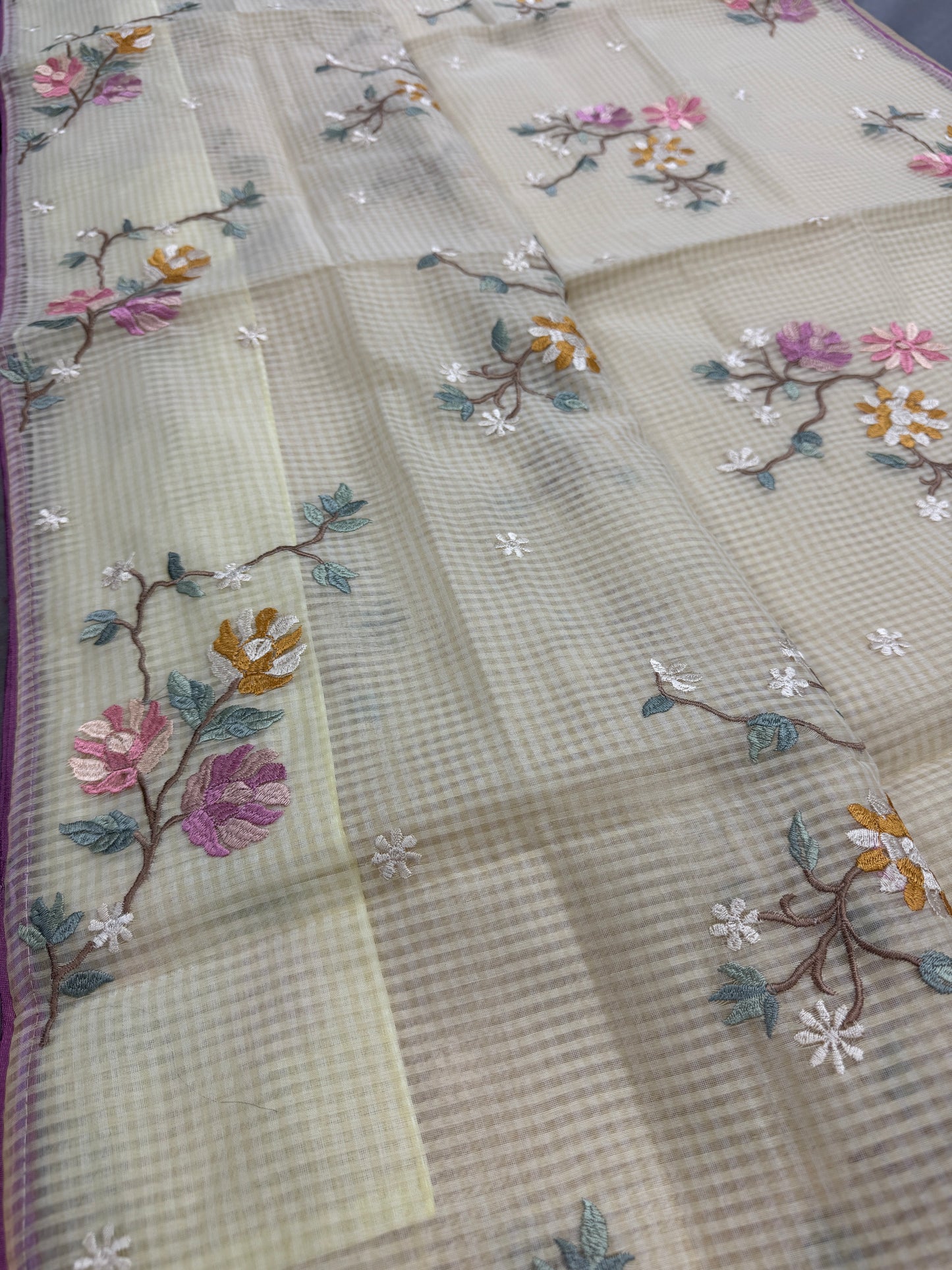 Srija | Yellow Floral Embroidery Blended Cotton Kota Saree image 0