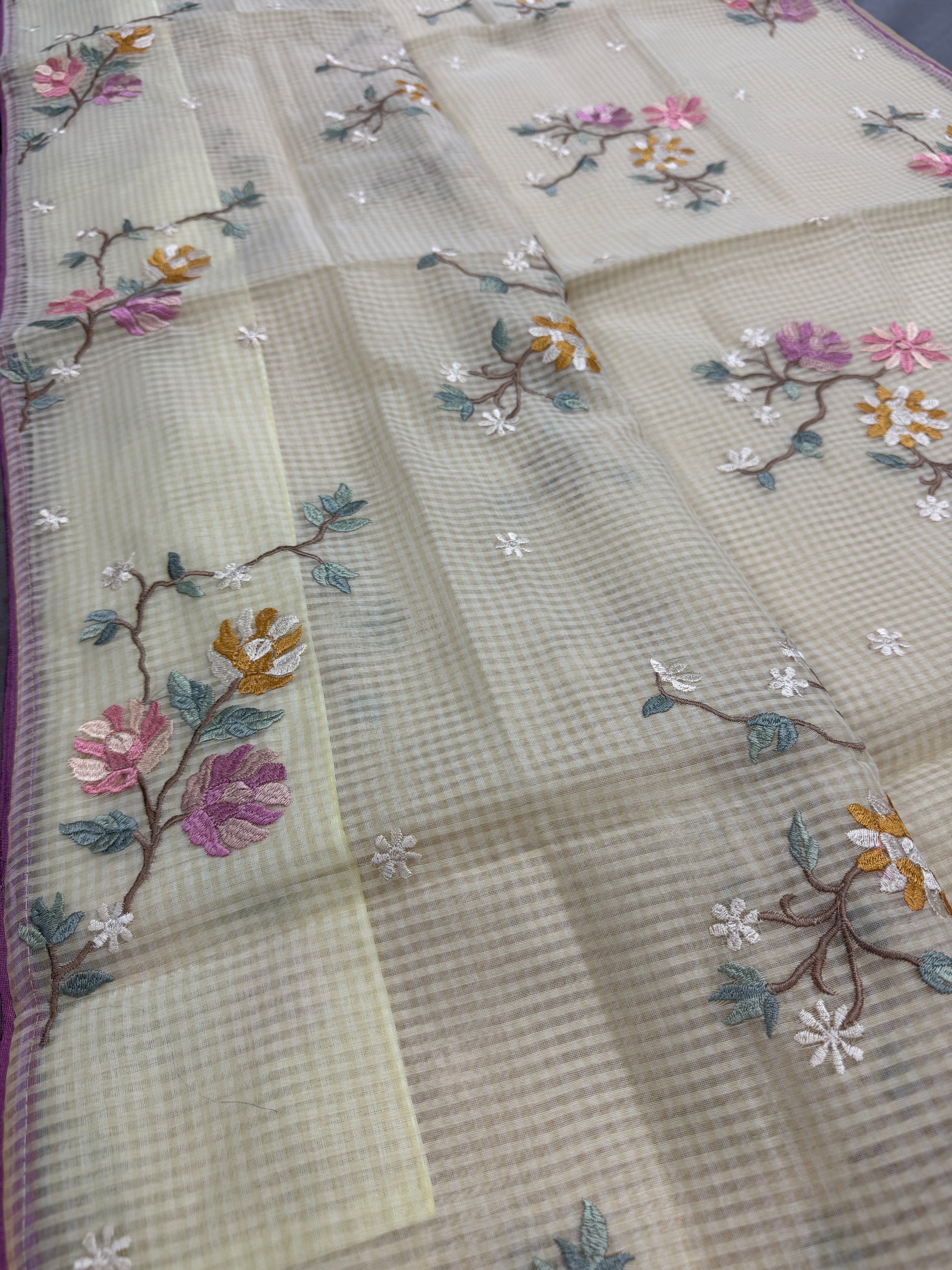 Srija | Yellow Floral Embroidery Blended Cotton Kota Saree image 0