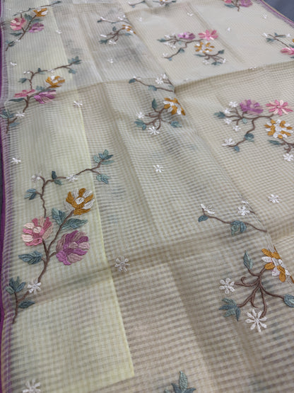Srija | Yellow Floral Embroidery Blended Cotton Kota Saree image 0