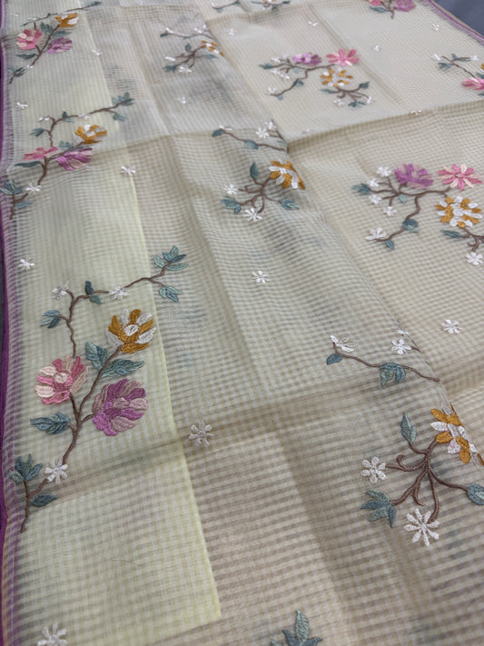 Srija | Yellow Floral Embroidery Blended Cotton Kota Saree image 0