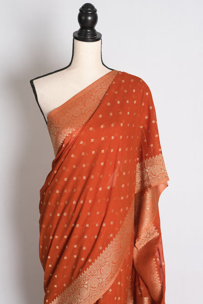 Mahi: Rust Brown Lightweight Semi Georgette Banarasi Saree with 38 Size Blouse image 6