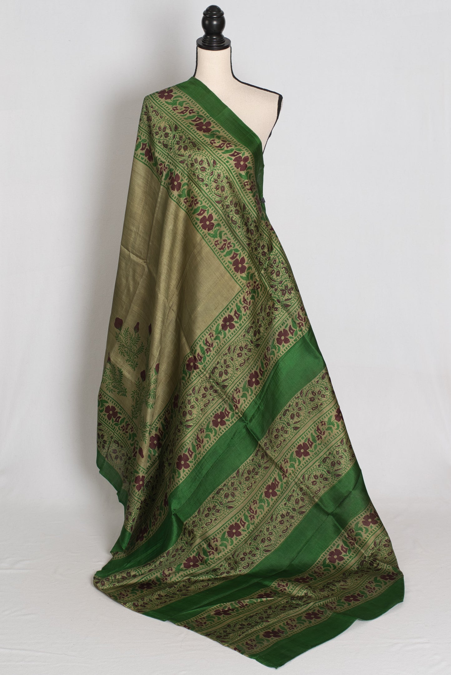 Shyamoli : Olive Green Hand Block Printed Murshidabad Pure Silk Saree image 1