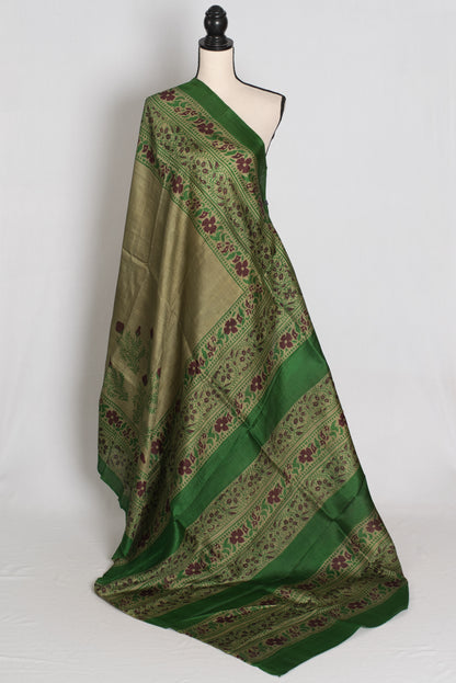 Shyamoli : Olive Green Hand Block Printed Murshidabad Pure Silk Saree image 1