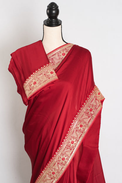 Noor : Dark Red Patch Border Designer Satin Silk Partywear Saree image 2