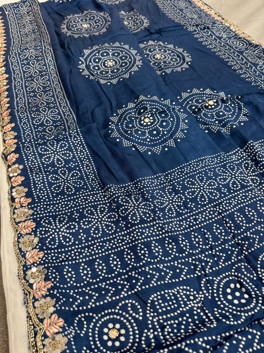 Neela : Hand Embroidery Bandhani Printed Modal SIlk Saree in Cobalt Blue image 0