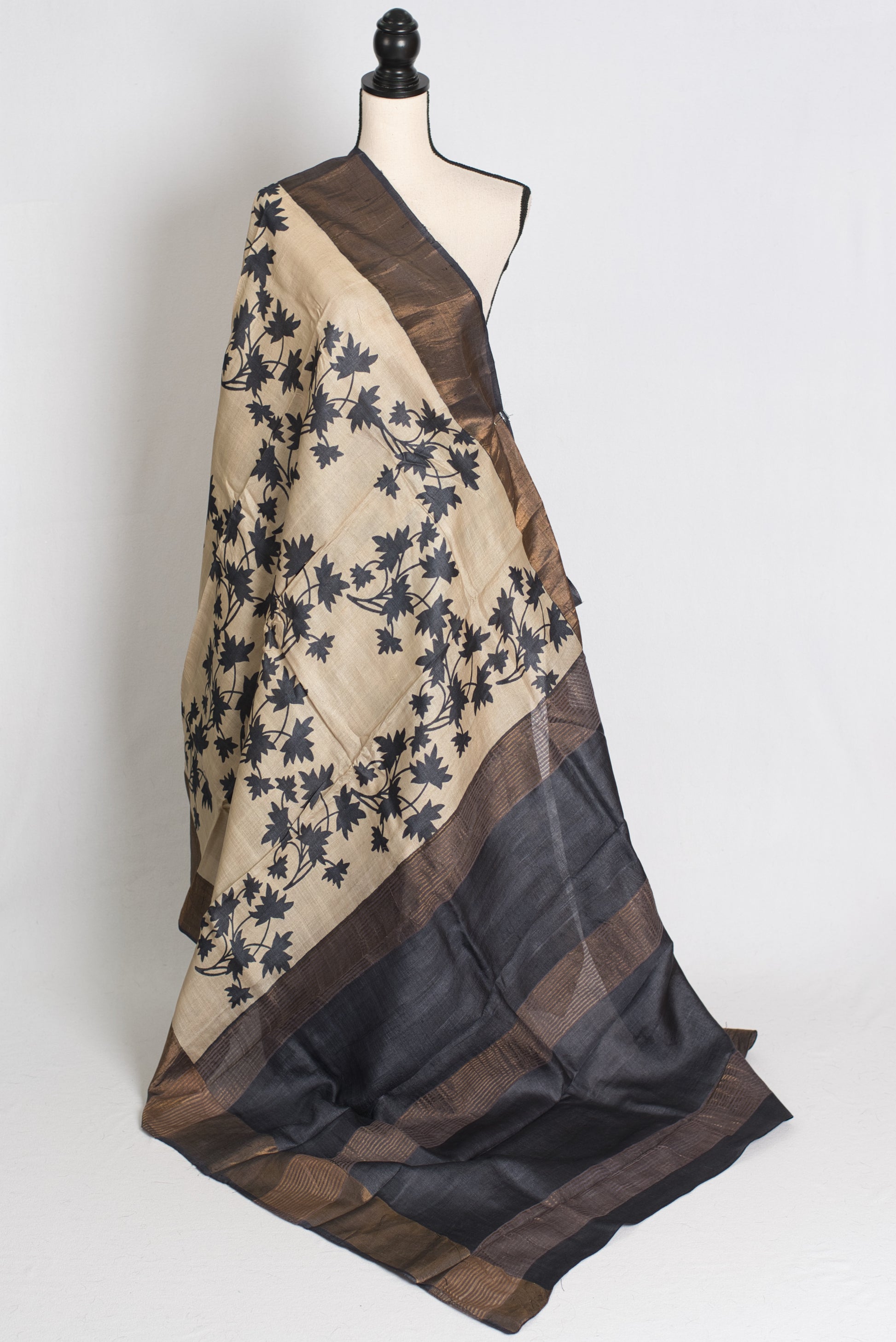 Mira : Printed Tussar Silk Saree in Cream and Black image 1