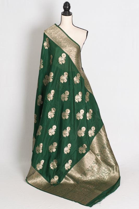 Durga : Dark Green Semi Crepe Banarasi Saree with Water Gold Zari image 1