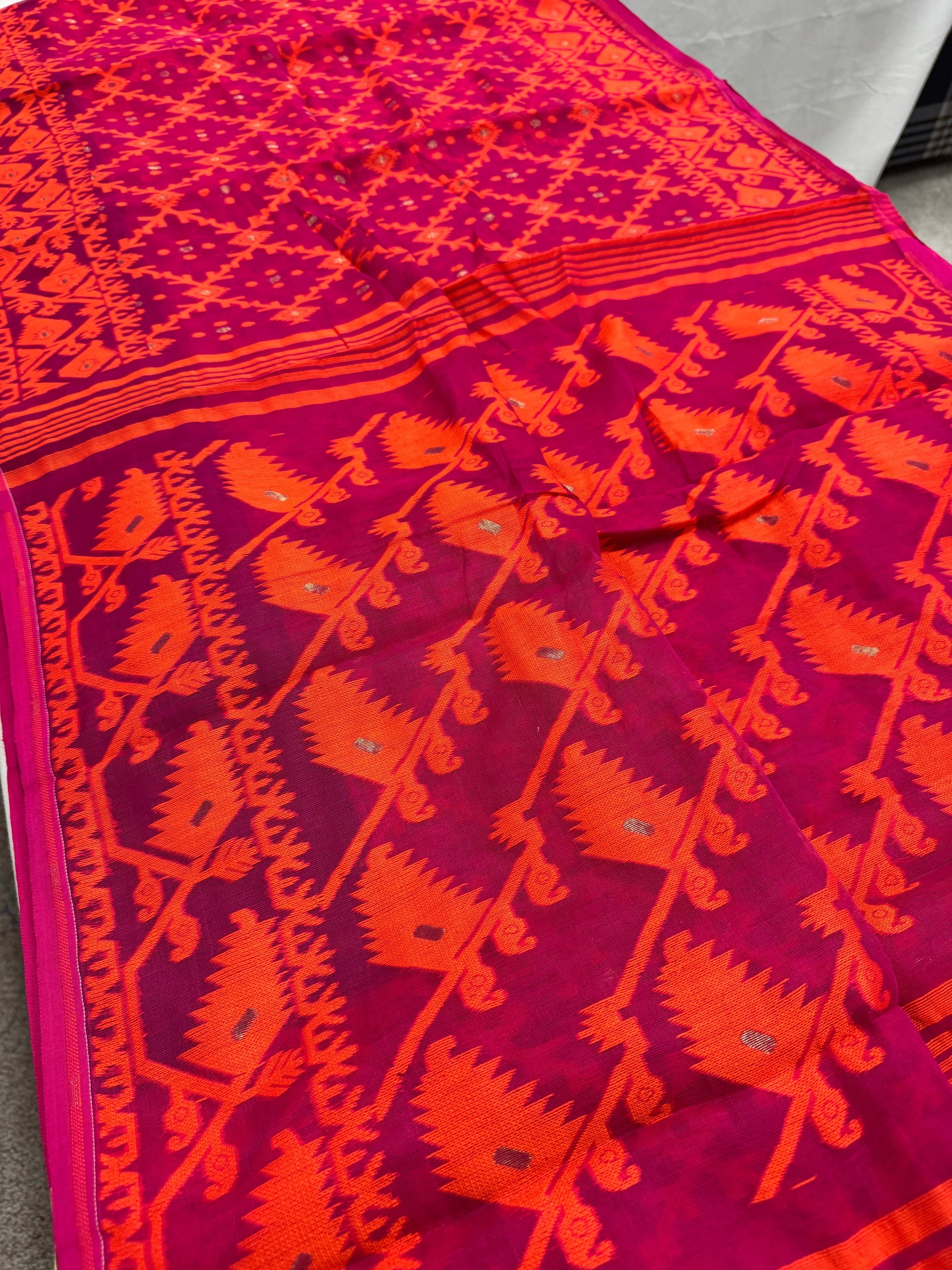Bidisha : Dark Pink and Orange Blended Soft Cotton Jamdani Saree image 1