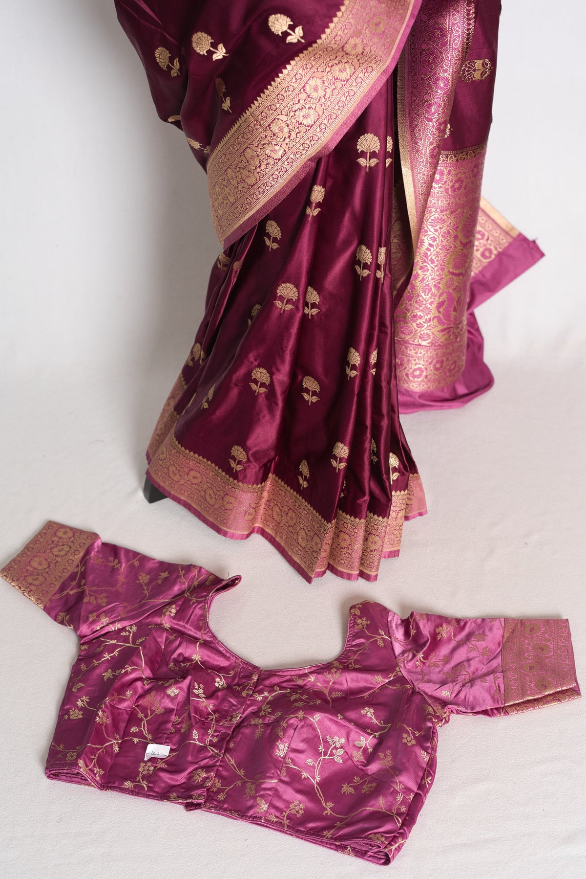 Ritaja : Deep Wine and Pink Semi Mashru Banarasi Silk Saree with 42 Size Blouse image 1
