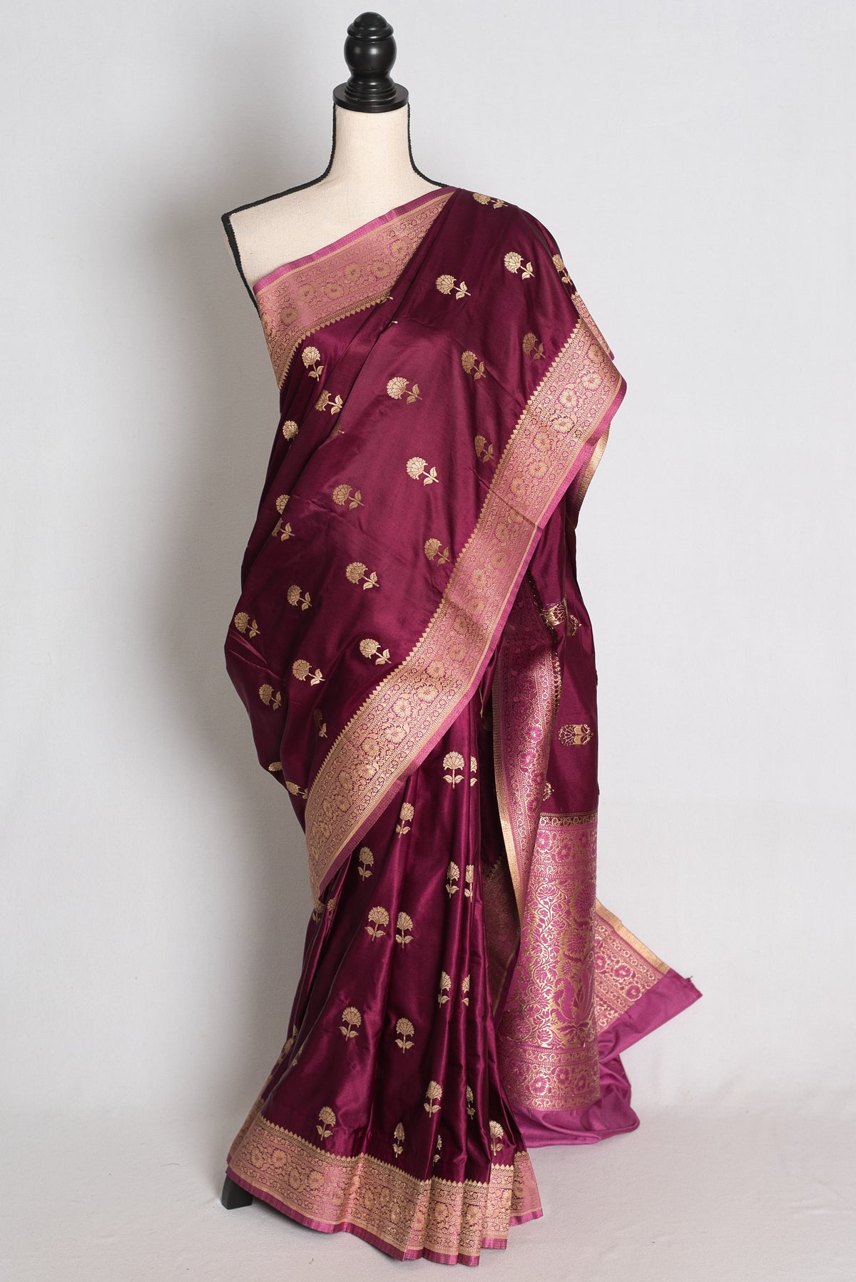 Ritaja : Deep Wine and Pink Semi Mashru Banarasi Silk Saree with 42 Size Blouse image 0