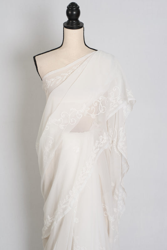 Subha : Off-White Lucknow Chikankari Hand Embroidery Georgette Saree image 1