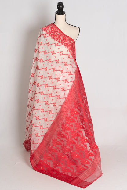 Mitra : Classic White and Red Soft Blended Cotton Bengali Jamdani Saree image 1