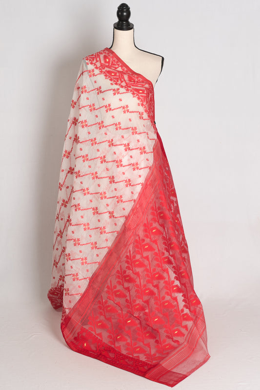 Mitra : Classic White and Red Soft Blended Cotton Bengali Jamdani Saree image 1