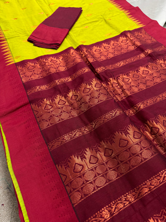 Jaya : Blended Cotton Gadwal Saree in Parrot Green and Red image 0