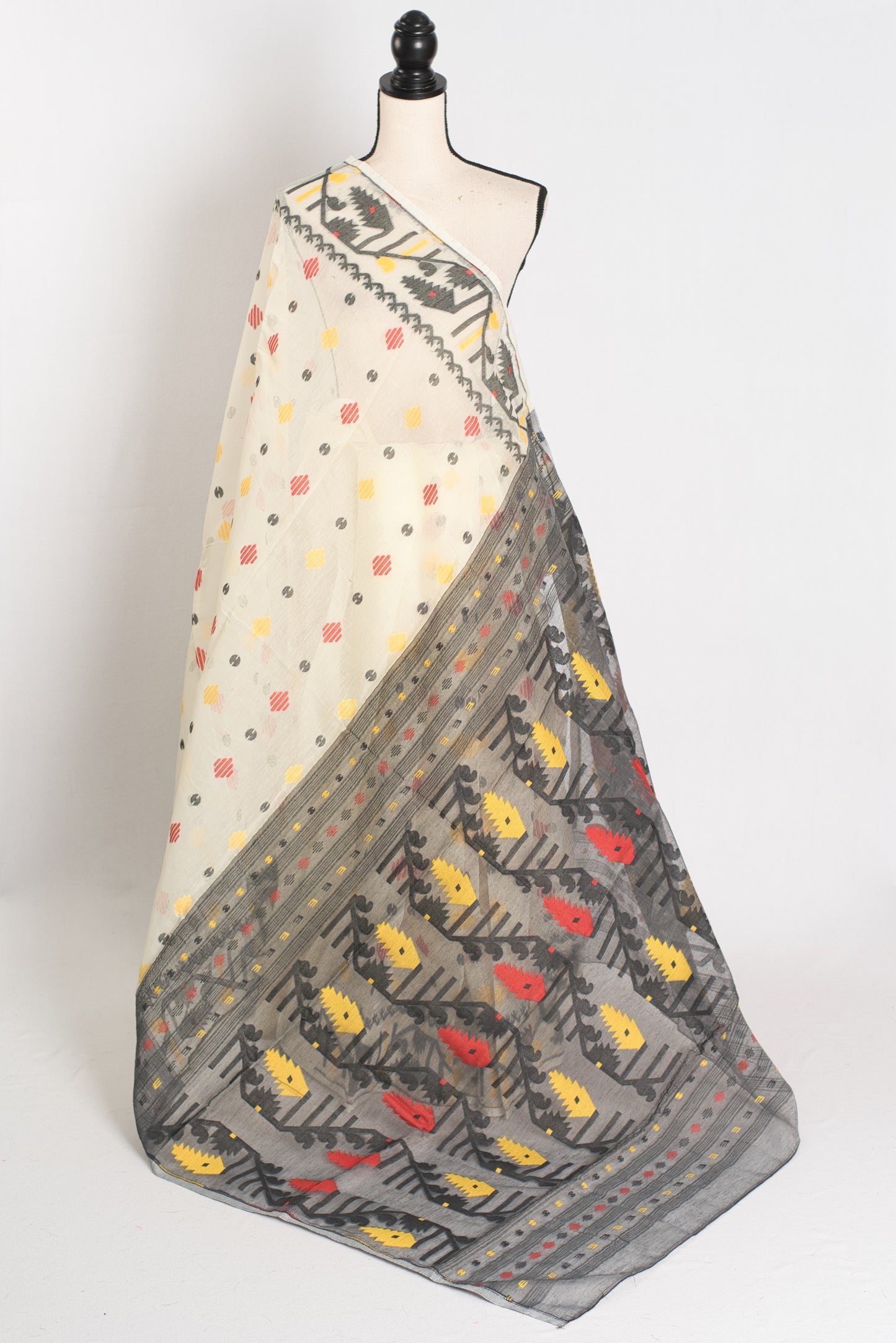 Mousumi : Cream and Black Blended Soft Cotton Jamdani Bengali Saree image 1