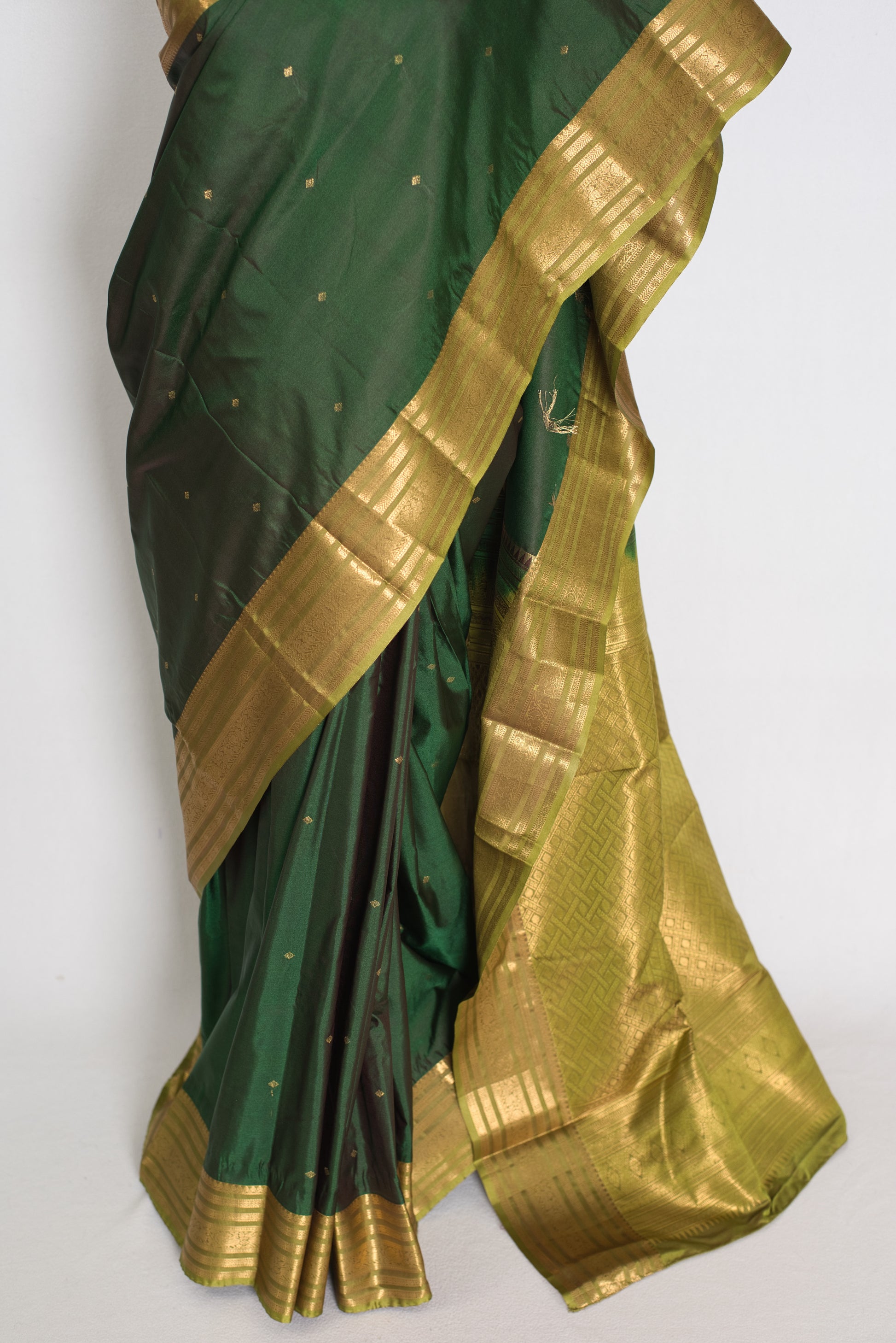 Mytheli – Deep Forest Green Kanjivaram Poly Silk Saree with Moss Green Border image 5