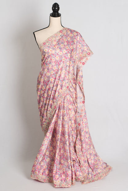 Fiza : Pink Semi Satin Party Wear Saree with Floral Prints and Embroidery image 0