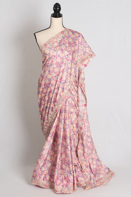 Fiza : Pink Semi Satin Party Wear Saree with Floral Prints and Embroidery image 0