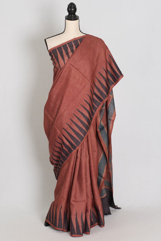 Mitra | Rust & Black Silk Mark Tassar Ajrakh Hand Block Print Saree image 0