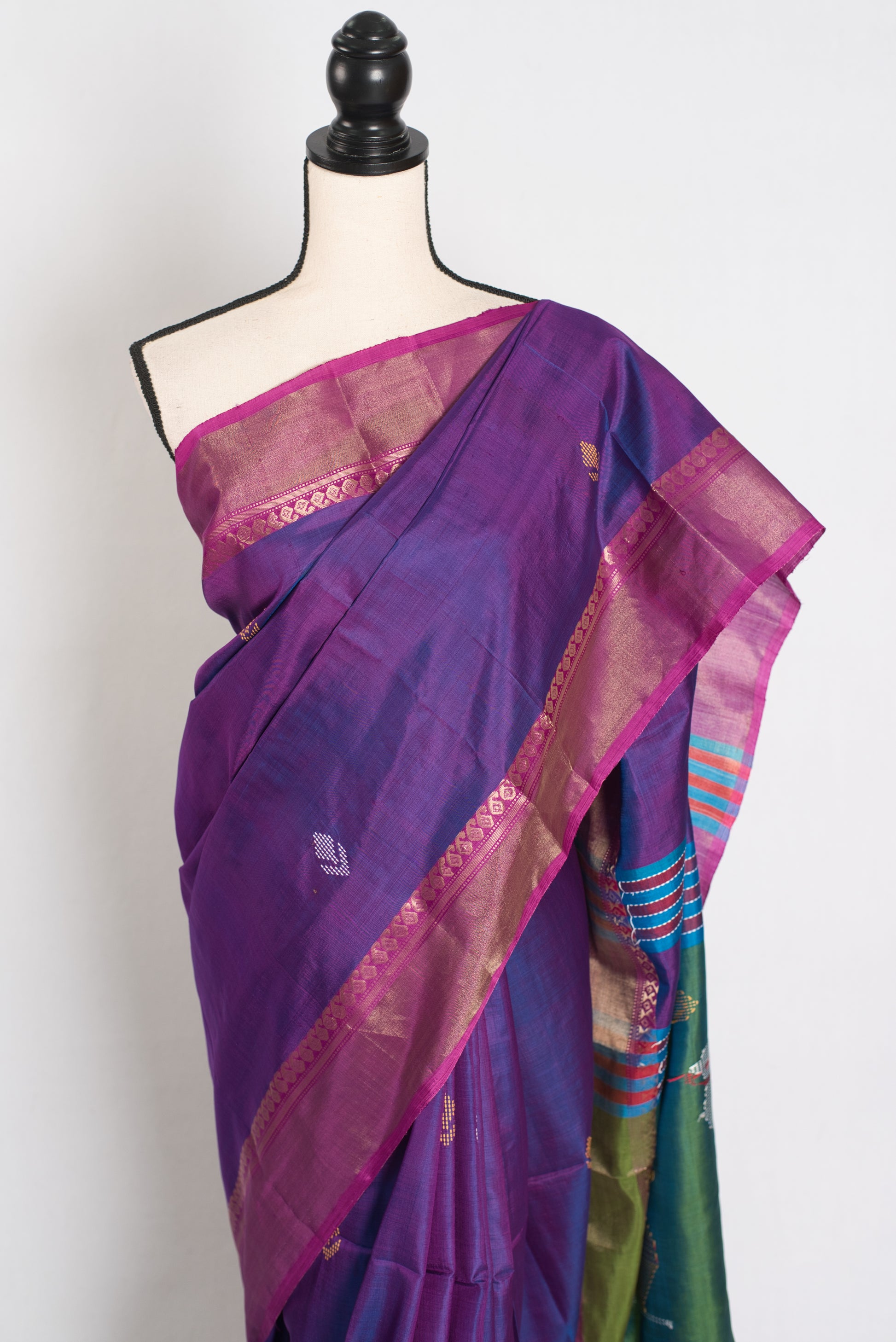 Bani : Lightweight Bishnupur Katan Silk Saree in Purple and Green image 5