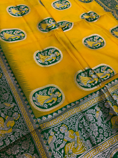 Pratima : Yellow and Green Baluchari Saree in Blended Silk image 4