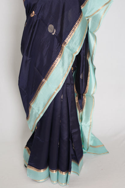 Gehna | Dark Blue & Sky Blue Satin Katan Banarasi Saree | Modern Minimalist image 6