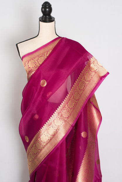 Gracy : Purple and Gold Chand Sitara Kora Organza Banarasi Saree image 5