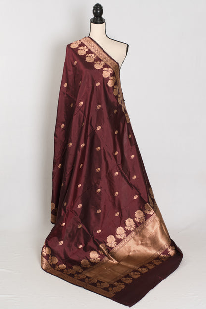 Rosa | Coffee Brown Pure Silk Banarasi Saree | Handwoven Gold Zari Rose Motifs image 1