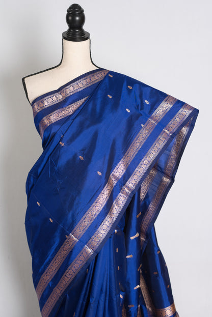 Royal Dark Blue and Antique Gold Banarasi saree — pallu view