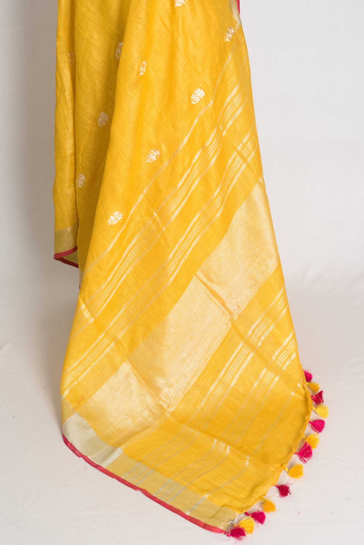 Diya : Yellow Machine Embroidered Pure Linen Saree with Silver Zari Border image 4