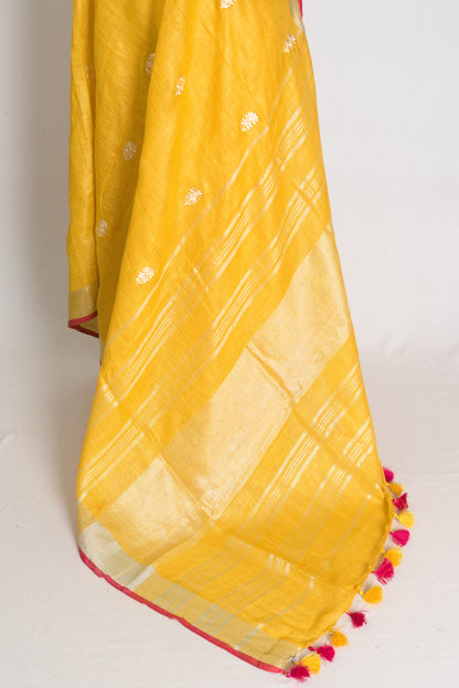 Diya : Yellow Machine Embroidered Pure Linen Saree with Silver Zari Border image 4