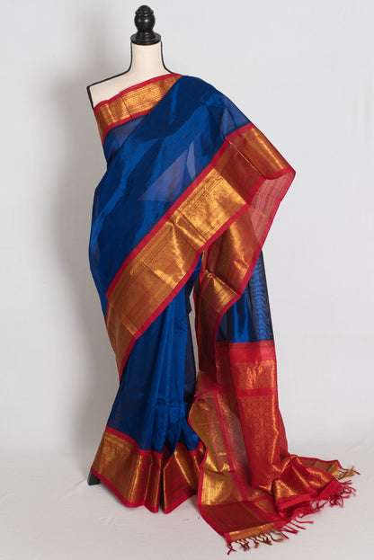 Mala : Royal Blue and Red Cotton Silk Kanjivaram Saree with 38 Size Blouse image 0