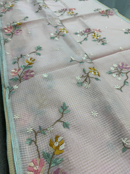 Rohini | Pink Floral Embroidery Blended Cotton Kota Saree image 4
