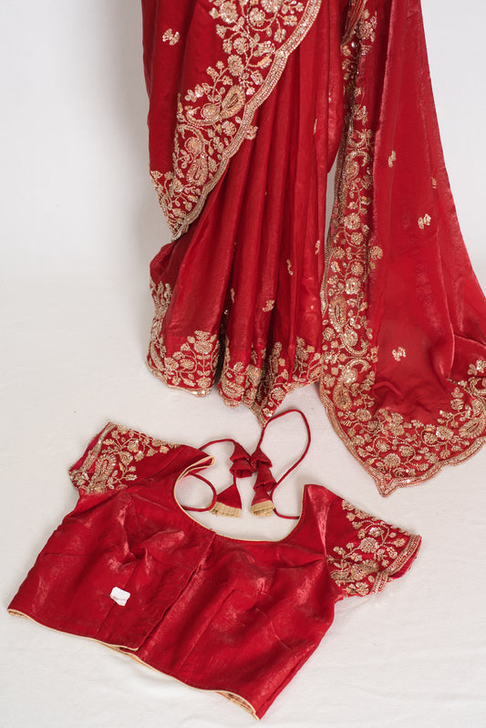 Roshni | Bright Red Tissue Saree | Pre-Stitched Size 40 Blouse image 1