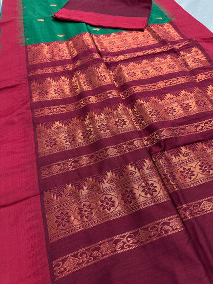 Gayetri: Dark Green Blended Cotton Gadwal Saree with Antique Zari Butis image 3