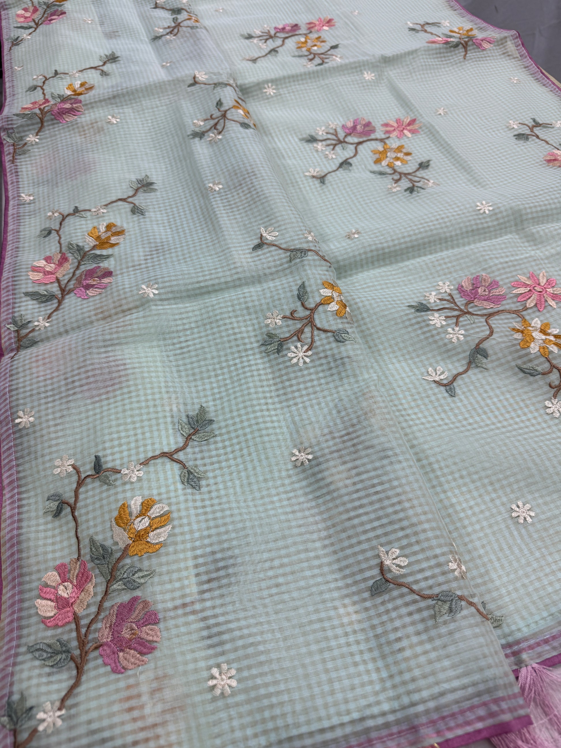 Damini | Sea Green Floral Embroidery Blended Cotton Kota Saree image 5
