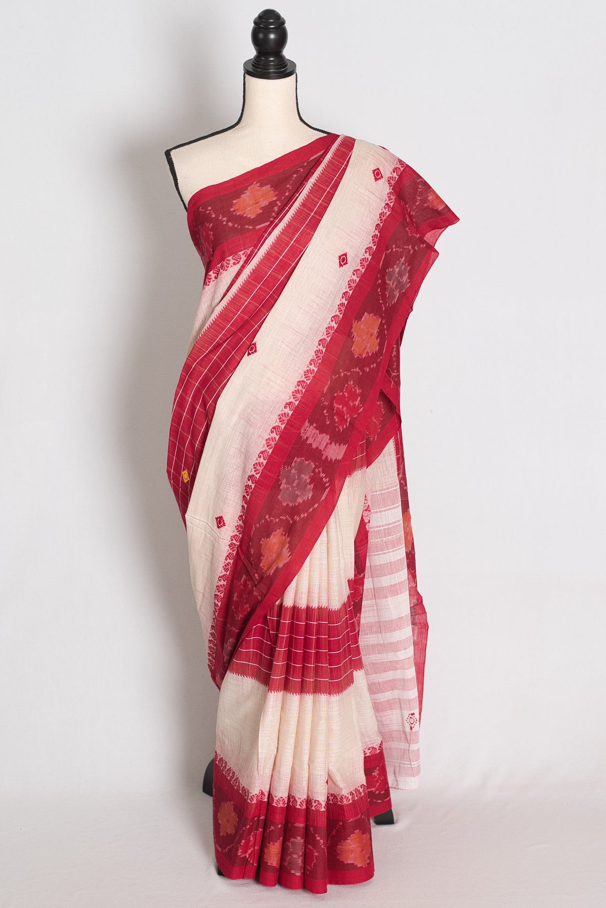 Mehuli: Kora White and Red Kotki Border Soft Cotton Dhaniakhali Saree image 0