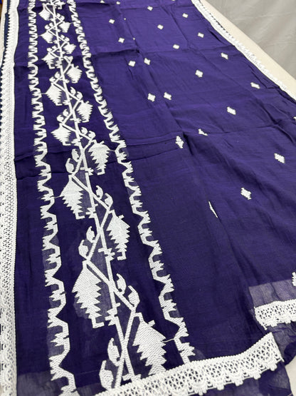 Mehuli : Soft Mul Cotton Jamdani Embroidery Bengali Saree in Purple image 3