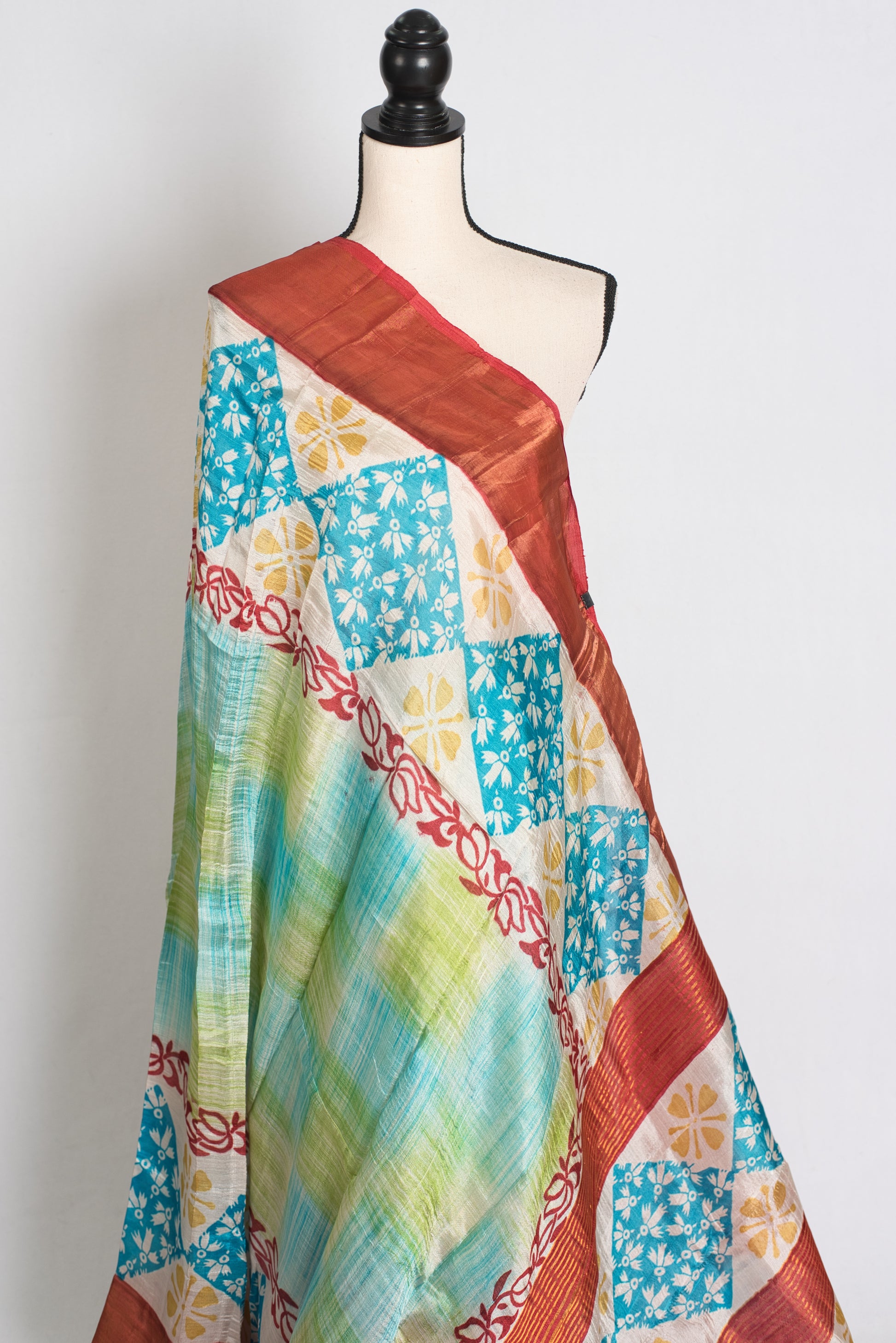 Sri : Hand Block Printed Matka by Tussar Silk Saree in Multi-Color Prints image 4