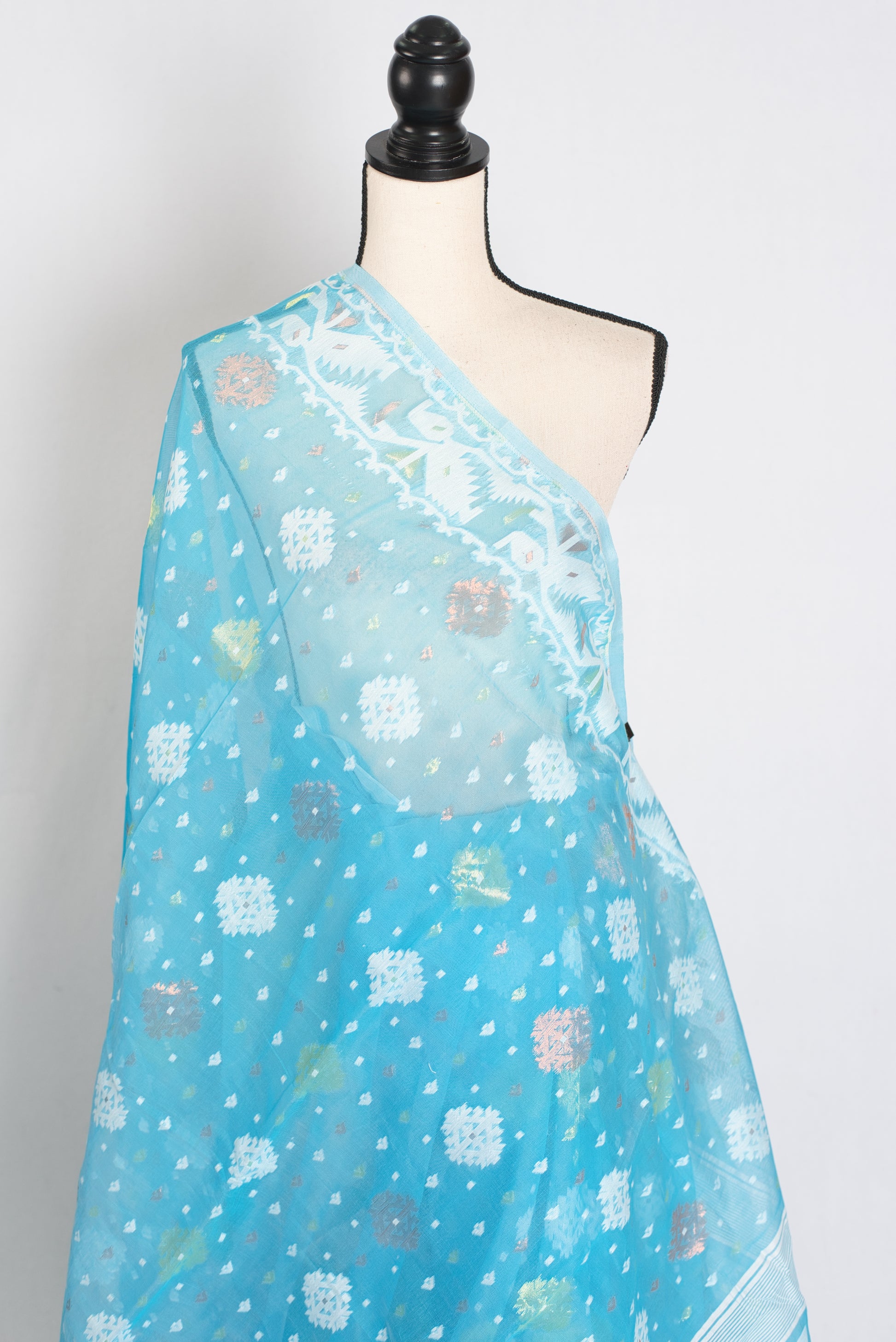 Nila : Sky Blue and White Blended Soft Cotton Jamdani Bengali Saree image 3