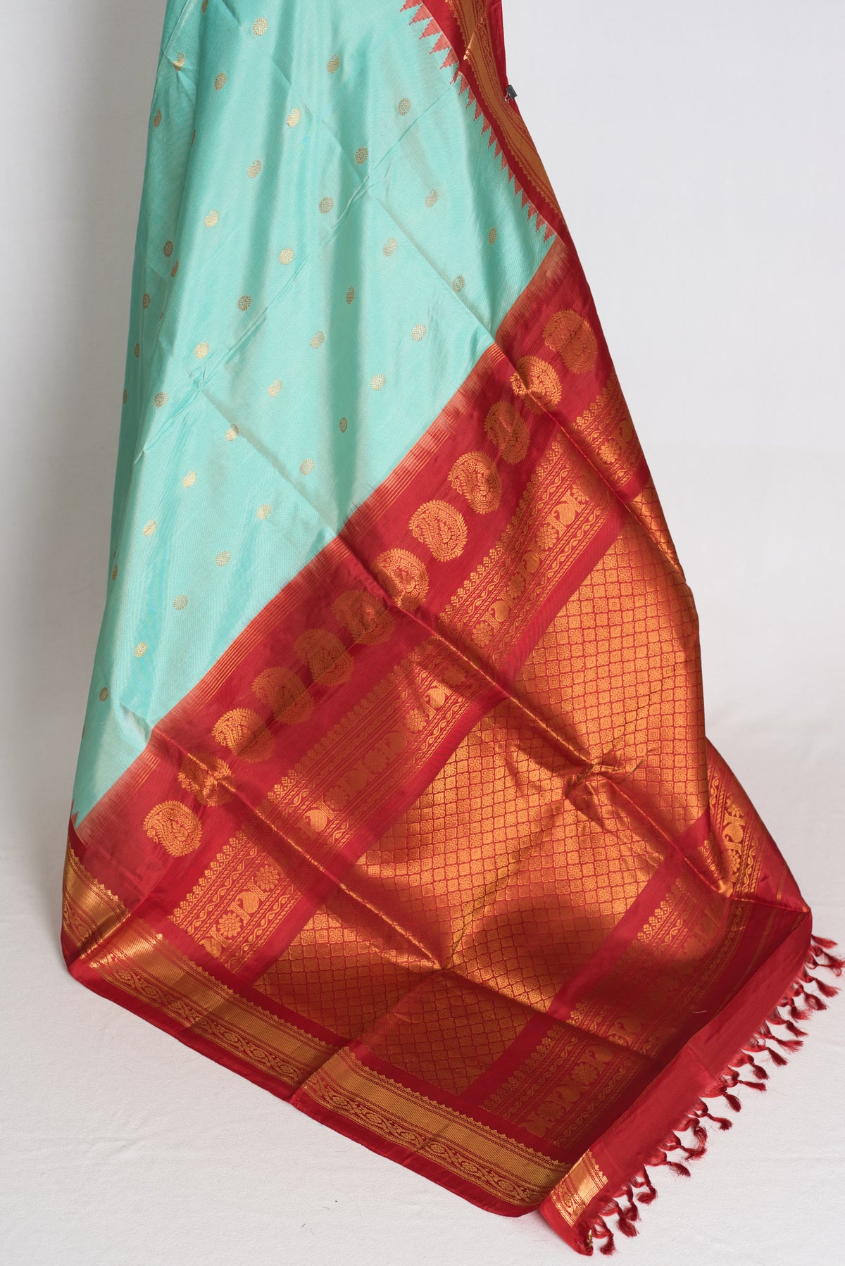 Shreya : Sea Blue & Red Handwoven Pure Gadwal Silk Saree with Stitched Blouse image 4