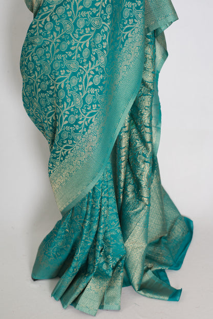 Rini | Rama Green Semi Georgette Banarasi Saree | Pre-Stitched Size 36 Blouse image 7