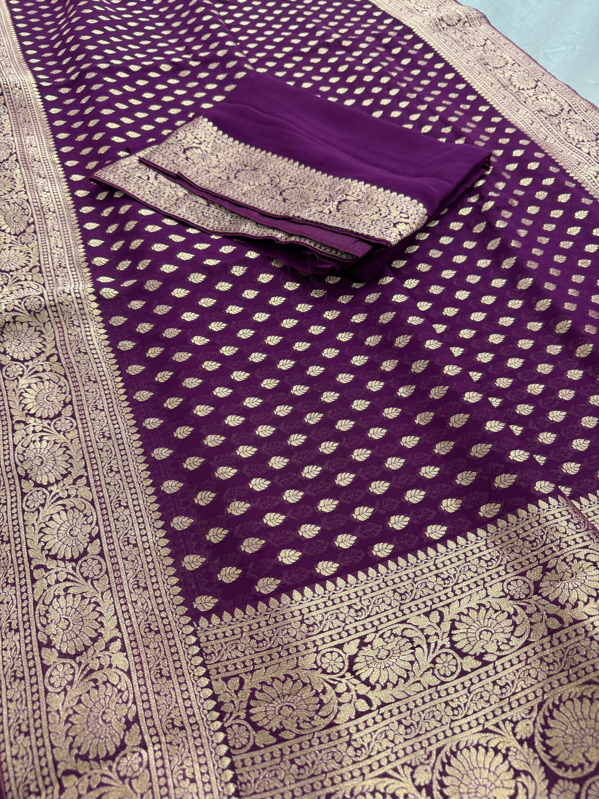 Trina : Wine and Gold Crepe Georgette Banarasi Saree image 3