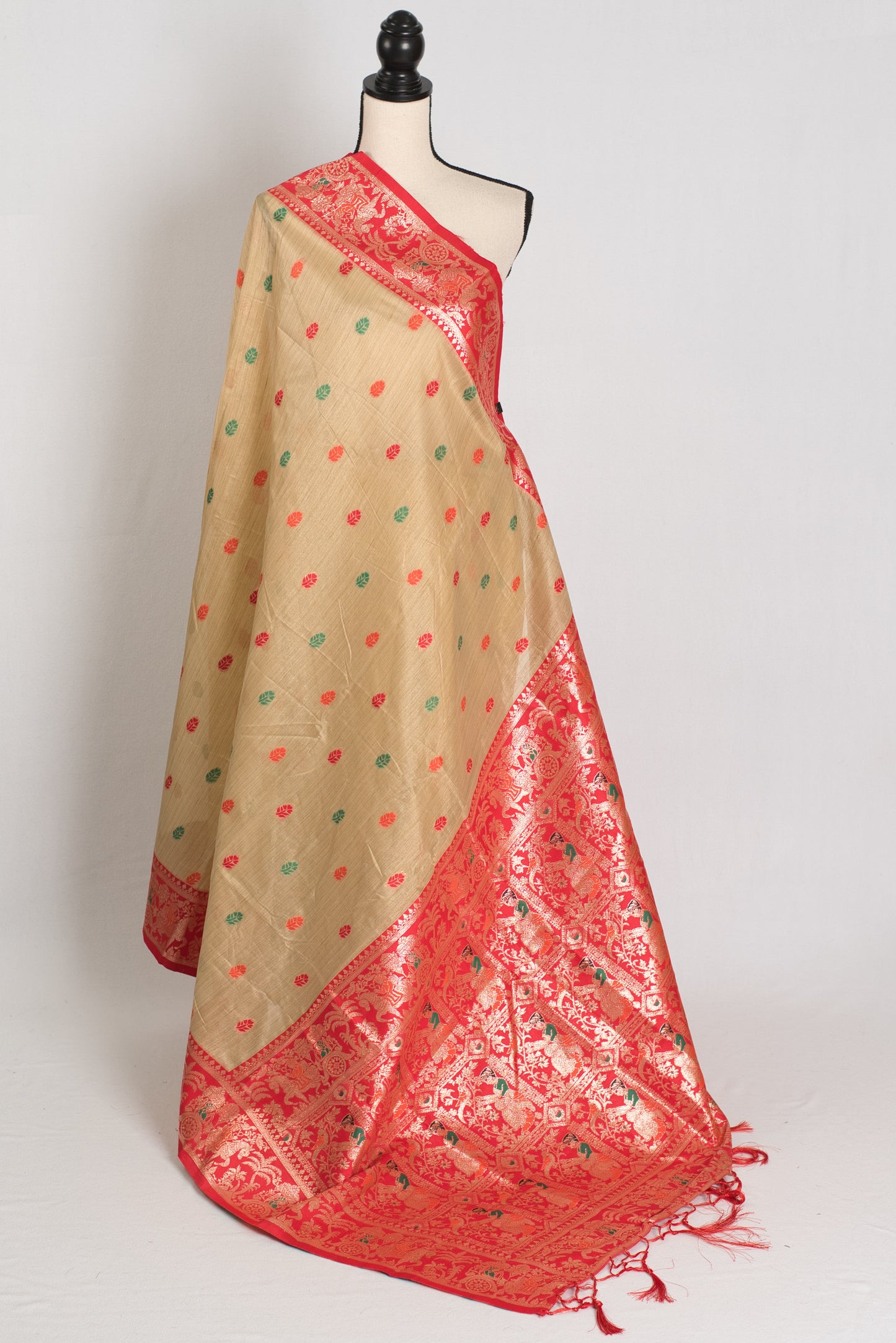 Mritika: Budget Friendly Blended Cotton Baluchari Saree in Beige and Red image 1