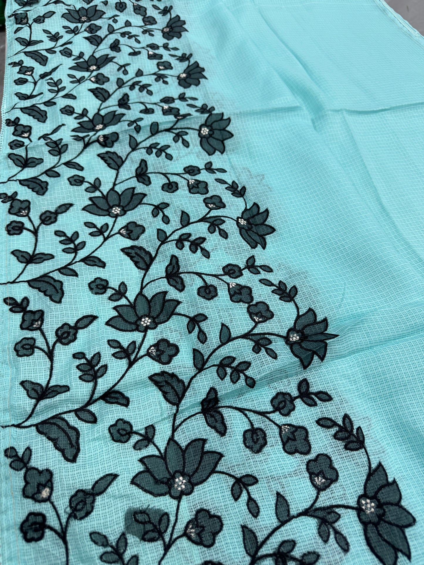 Dhriti | Turquoise Blue & Black Semi Kota Silk Saree | Artistic Floral Appliqué image 7