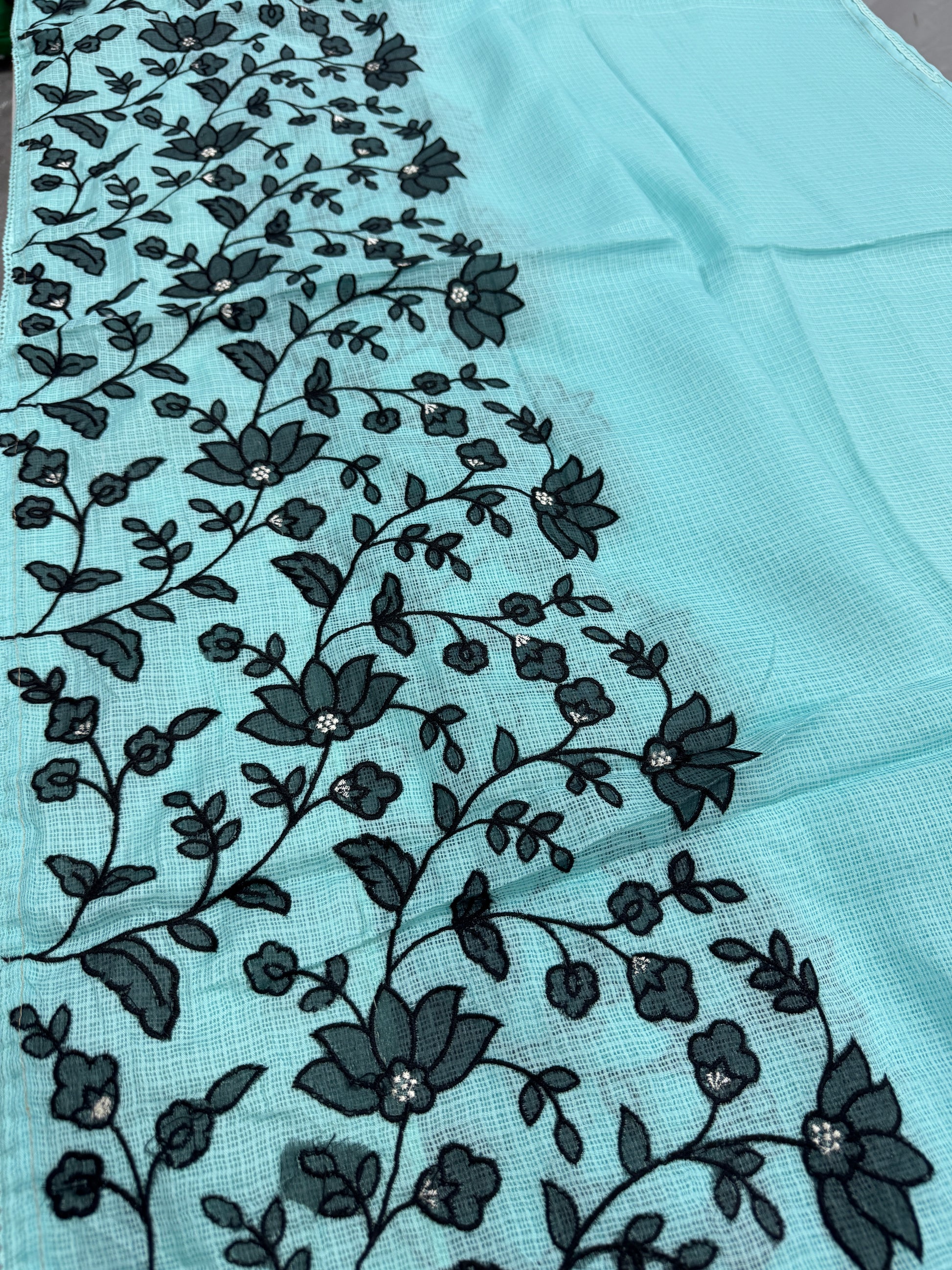 Dhriti | Turquoise Blue & Black Semi Kota Silk Saree | Artistic Floral Appliqué image 7